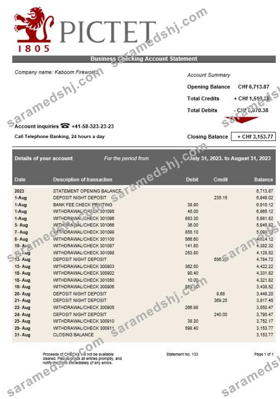 Pictet Bank firm account statement Word and PDF template